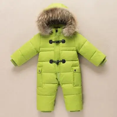 light green Зимняя одежда для новорожденных, комбинированный пуховик, утолщенные комбинезоны с натуральным мехом для маленьких мальчиков и девочек, зимний костюм для детей 0-3 лет - Цвет: light green