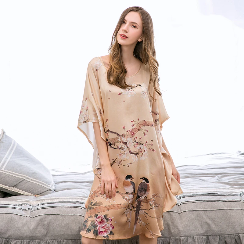 

Ladies 100% Silk Robe Sleepshirt Female Over-size Silk Sleepwear for Women Nightgowns Round Neck 16m/m Real Silk Sleeping Robe