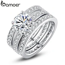 BAMOER Luxury Brand Fashion Silver Color Bridal Set Ring for Women with Paved Micro Zircon Crystal