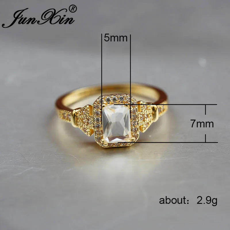 JUNXIN Boho квадратные Кристальные кольца из желтого золота для женщин белый циркон обручальные кольца женские винтажное Помолвочное кольцо ювелирные изделия