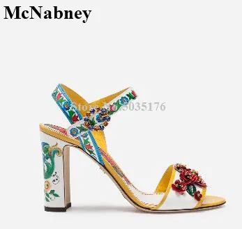 

New Mixed Colors Flower Printing Fashion Summer Ladies Shoes Ankle Buckle Strap Sandals European Peep Toe Hoof Heel Women Shoes