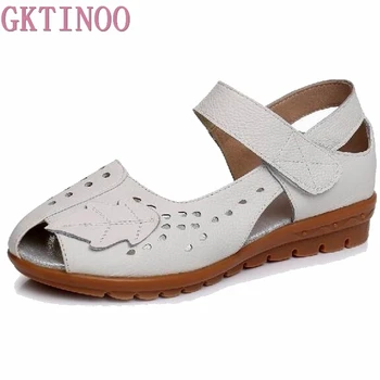 

GKTINOO Flat Summer Sandals For Women 2019 Soft Bottom Genuine Leather Nurse Shoes Flat Hollow Maternity Shoes Women Sandal