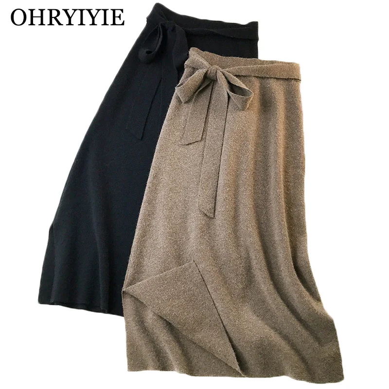 

OHRYIYIE High Quality Grey Wool Knitted Skirt Women 2019 Fashion Cashmere High Waist Slim A-line Knit Skirt With Sashes Female