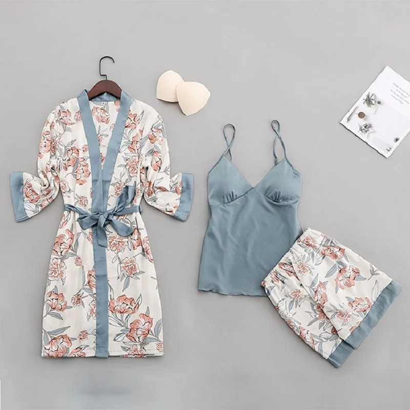 Sexy Women Pajamas Set 4 Pcs Sexy Lace Pyjamas Femme Girls Satin Silk Sleepwear Nightgown Pijamas Robes Sleep Lounge Homewear - Цвет: blue-3pcs