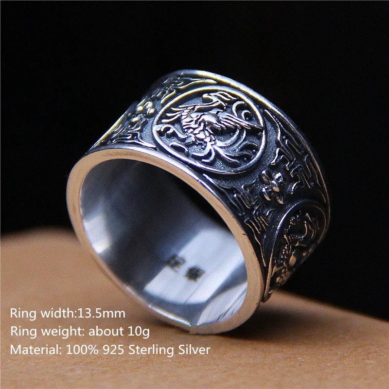 

999 Sterling Silver Black Rings Thai Silver Ancient Chinese Four Kinds of Ancient Animal Rings for Men Unique Jewelry