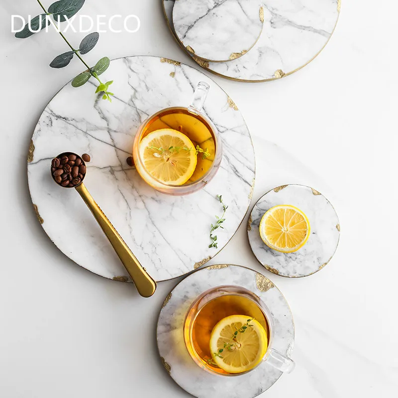 

DUNXDECO Coffee Cup Pad Plate Table Placemat Modern Marbling Nature Golden Border Mat Home Office Desk Accessories Art Decor