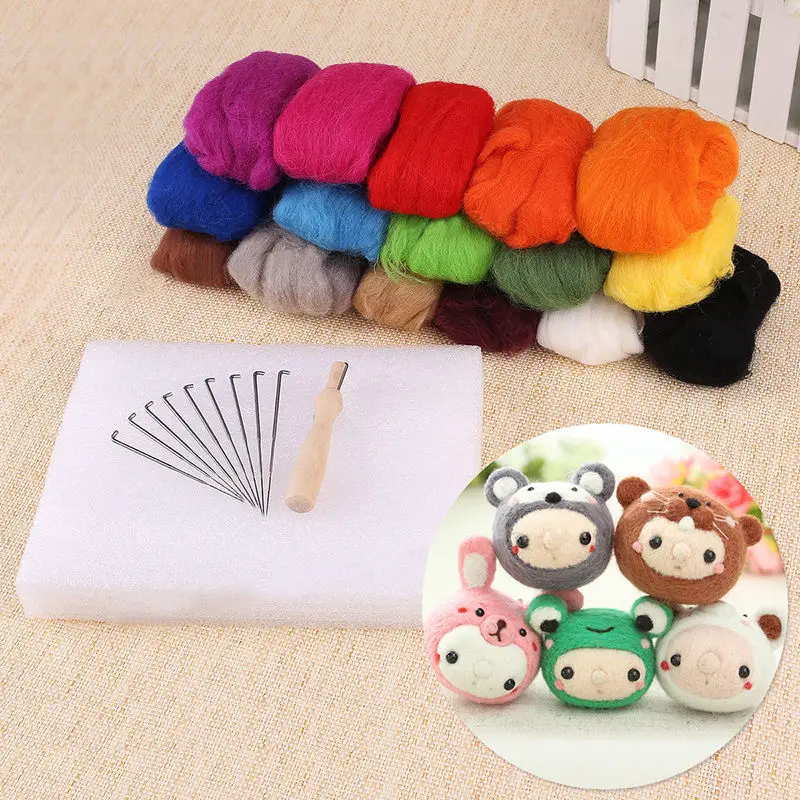JX-LCLYL New 16 Colors Wool + 9 Needles Felting Handle Mat Set Starter DIY Tool Kit 