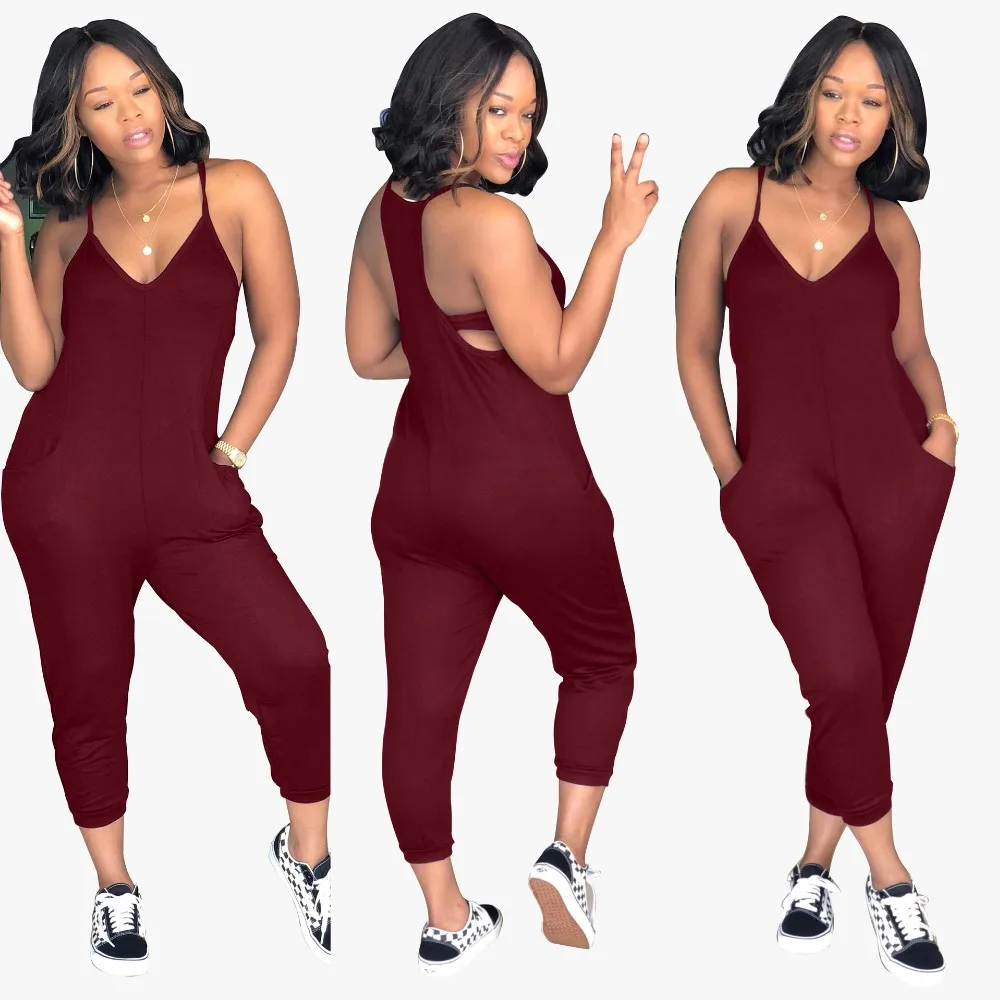 Casual Pockets Female Long Playsuit Tank 2018 Sleeveless Summer Bodysuits Sexy Spaghetti Strap V Neck Women Jumpsuits Plus Size