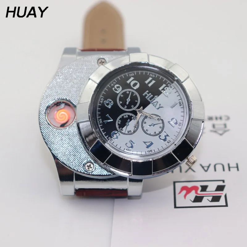 

Watch men Cigarette Lighter USB Rechargeable watches Casual Male Gift Quartz Wristwatches leather Flameless Lighter clock F667