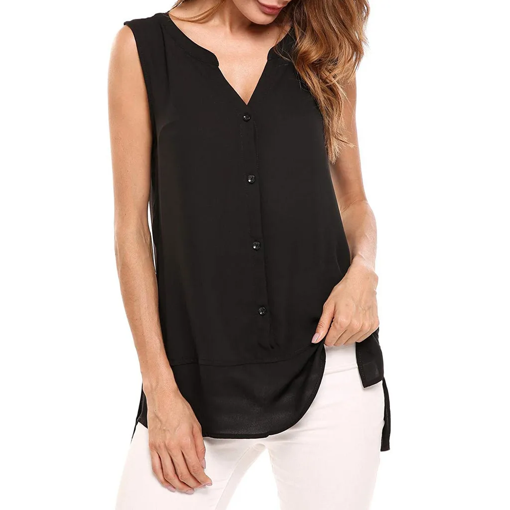 Fashion Women Summwe Solid V-Neck Sleeveless Buttons Chiffon Casual Tank Top Casual Tee Tops Tank Tops Vest Solid Color