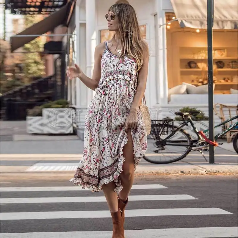 

CUERLY 2019 new cream midi strappy dress frills bust casual chic summer Ruffles dress strapless holiday beach dresses