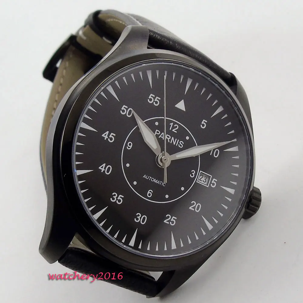

Newest 44mm parnis black dial PVD Case Luminous marks Leather strap miyota Automatic self-wind Mechanical Men's business Watch