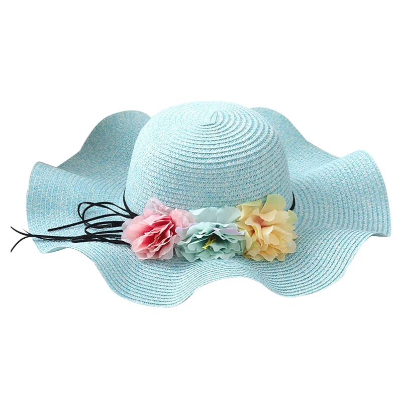 

Girls Flower Wavy Large Brimmed Straw Hat 2018 Summer Children Sun protection Beach Hats Mom Daughter Parent-child Foldable Caps