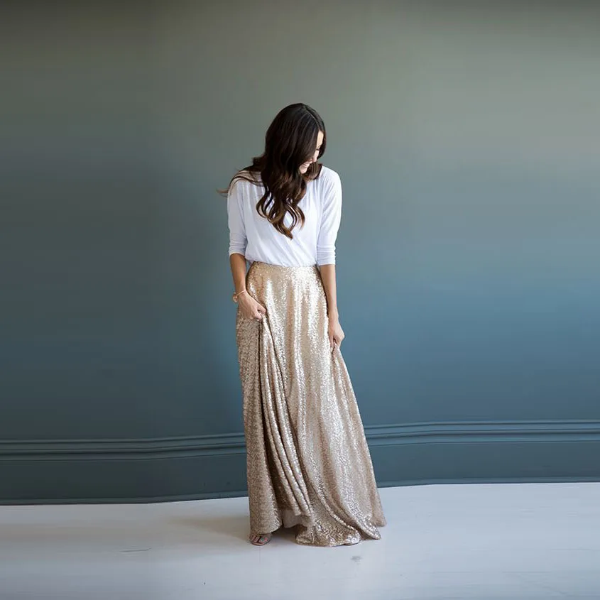 Women's Floor Length Sequin Skirt - Champagne Bridal Wedding Party Skirt, Custom Size Available (XX-Large)