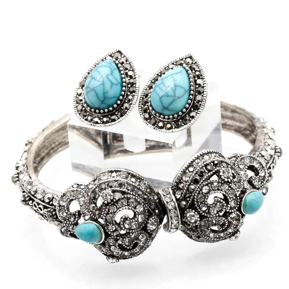 SUNSPICE-MS retro silver color turkish flower bangle for women ethnic wedding rhinestone jewelry vintage indian cuff bracelet - Окраска металла: ll1522U03