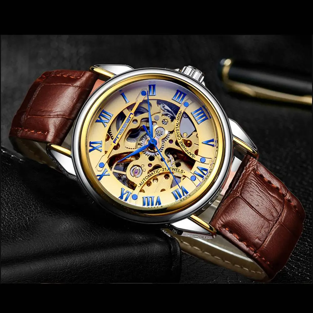 

Mens Watch Automatic Mechanical Watches Brand Fashion Gold Roman Numerals Watch Business Leather Strap Clock H5