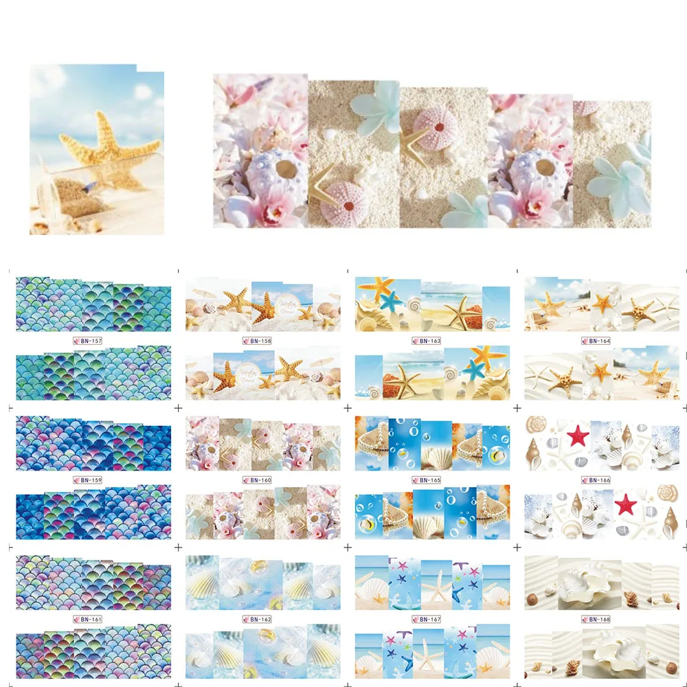 

12pcs/set Water Transfer Sticker DIY Nail Art Summer Sea Animal Shell/Conch/Starfish Decals Manicure Tools JIBN157-168