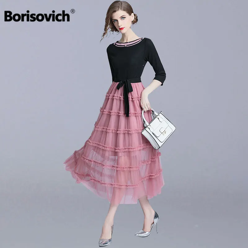 

Borisovich Sweet Style Ladies Party Dress New 2018 Autumn Fashion Mesh Patchwork Knitted Elegant Women Casual Long Dresses M988
