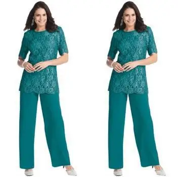 

Hunter Lace Two-Piece 2015 Chiffon Mother of the Bride Pants Suits with Short Sleeve Jewel Neck Plus Size CustomMade Groom Cheap