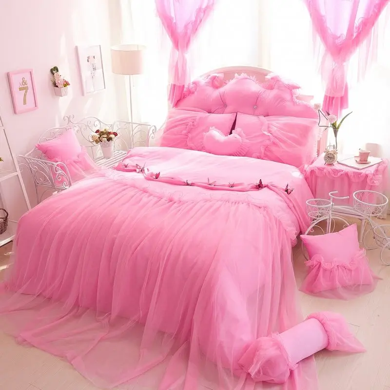 Pink Princess Bedding Sets Cotton Luxury Big Lace Butterfly Solid Color Bedroom Duvet Cover