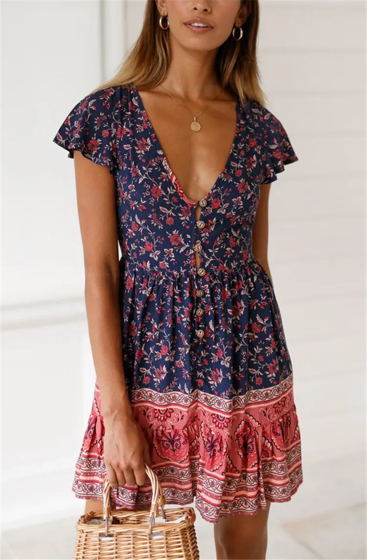 Gladiolus Fashion Summer Women Dress Short Sleeve Button Deep V Neck Sexy Floral Print Mini Boho Dress 2019 Ladies Beach Dresses (32)