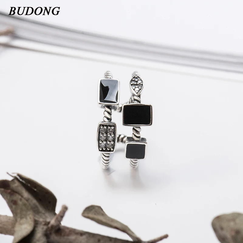 

BUDONG Authentic 925 Sterling Silver Sparkling Black CZ Flower Finger Rings for Women Wedding Engagement Jewelry Gift XURT138