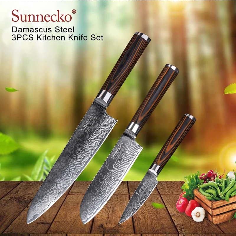 

SUNNECKO 3PCS Kitchen Knives Set Paring Santoku Chef Knife Damascus Japanese VG10 Steel Blade Cooking Tools Pakka Wood Handle