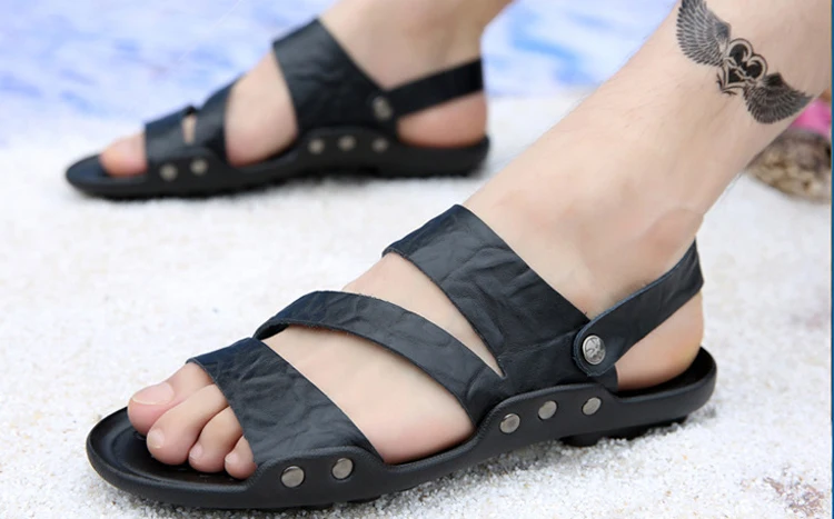Летние мужские сандалии большого размера модные сандалии из натуральной кожи пляжная обувь мужские повседневные шлепанцы Нескользящие вьетнамки на плоской подошве