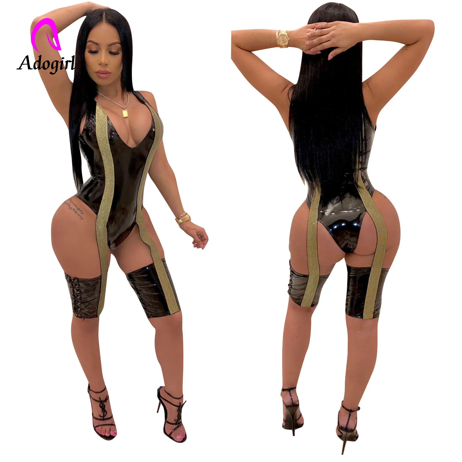 Sexy Women PU Leather Rompers Bodysuits Erotic Leotard Costumes Rubber Flexible Latex Catsuit Catwomen Porno Nightwear Bodysuit