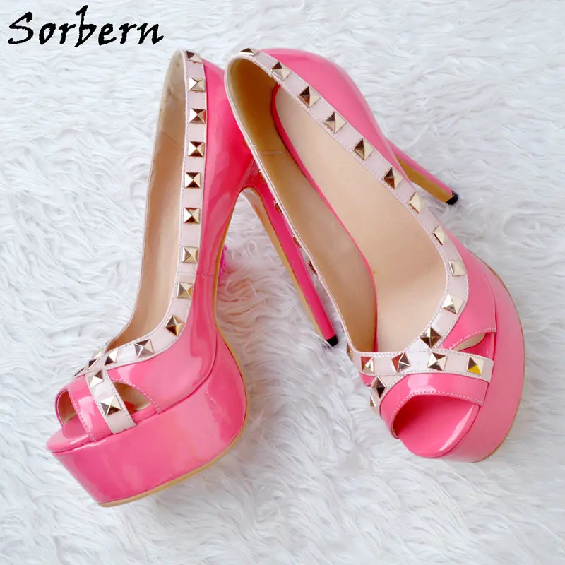 Señoras Sorbern rosy Alto Red Del Pie Cuero Tamaño Service Remaches Plataforma Custom Las Slip En Mujeres De Dedo Peep Plus Bombas Tacón Zapatos Fucsia rTqrfw