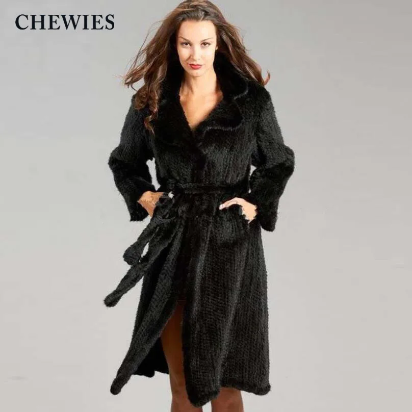 CHEWIES женская шуба из натуральной норки с пакетами, вязаная норковая куртка, женская верхняя одежда из натурального меха норки размера плюс, Новое поступление 3,1 - Цвет: Black