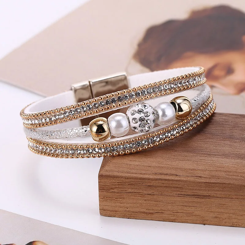 HOCOLE винтажный Многослойный кожаный браслет с бусинами для женщин Шарм многослойный из бусин горный хрусталь браслет браслеты женские модные ювелирные изделия - Metal Color: White Bracelet