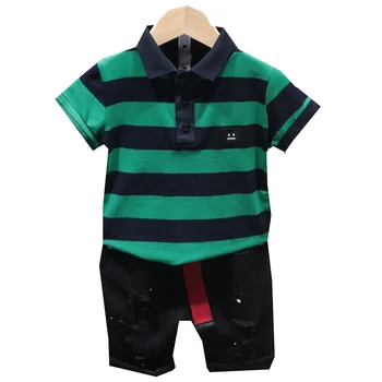 

2PCS WLG boys summer clothing set kids boy striped shirt and ripped black short set children casual clothes
