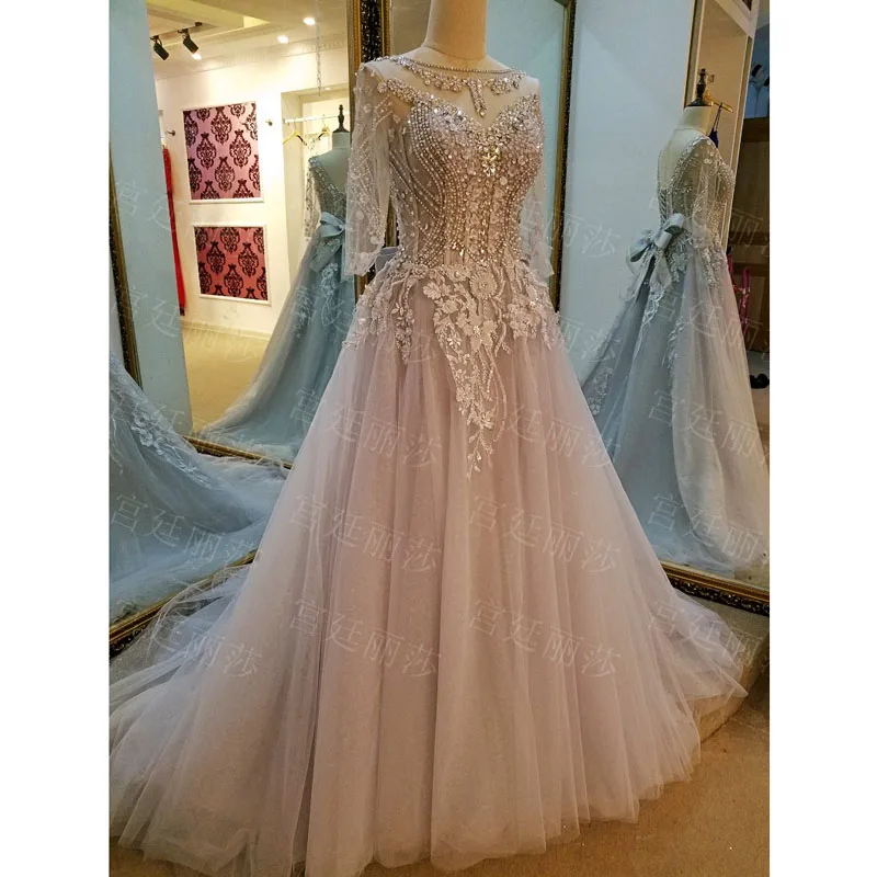 

Real Photo 2019 Long Evening Dresses Custom Made Sheer 3/4 Sleeve Crystal Beaded Formal Prom Dress Dusty Pink Vestido de festa