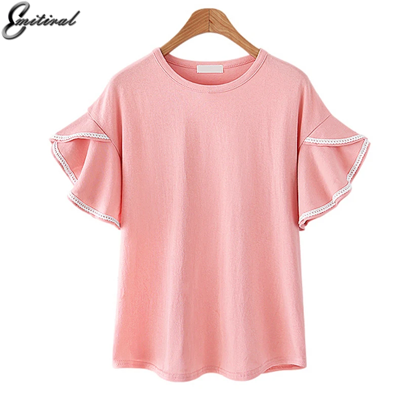 

Emitiral Summer Daily Cotton Women Tops Lace Edge Short Flare Sleeves O Neck Casual Loose Female T-Shirts Plus Size 4XL Tees