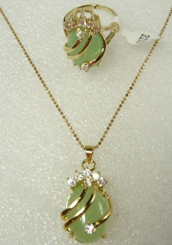 fine 18KGP green jade CZ pendant ring #6,7,8,9 set