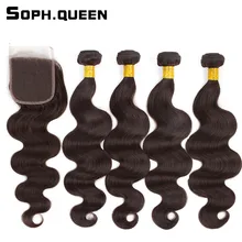 Soph queen Hair Pre-Colored #2 Brazilian Body Wave 4 Bundles With Closure 12-24Inch 100% Human Hair Hair Weave Bundles