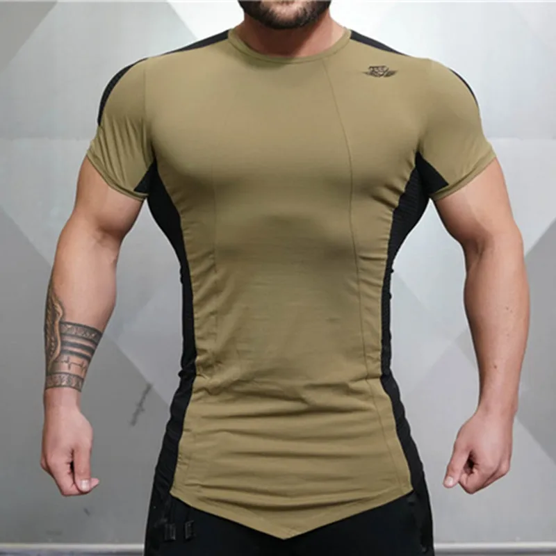 Men's Patchwork Slim Fit Quick Dry Crew Neck Short Sleeve Training T ...