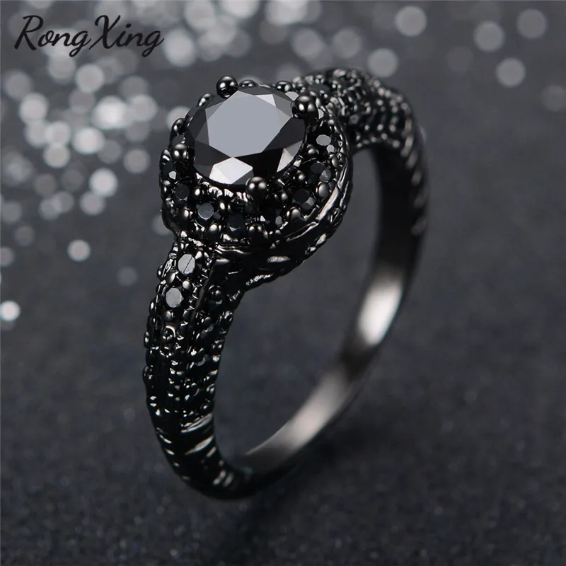 

RongXing Antique Black Cubic Zirconia Rings For Women Halloween Party Gift Vintage Black Gold Filled Birthstone Ring Anel RB0039