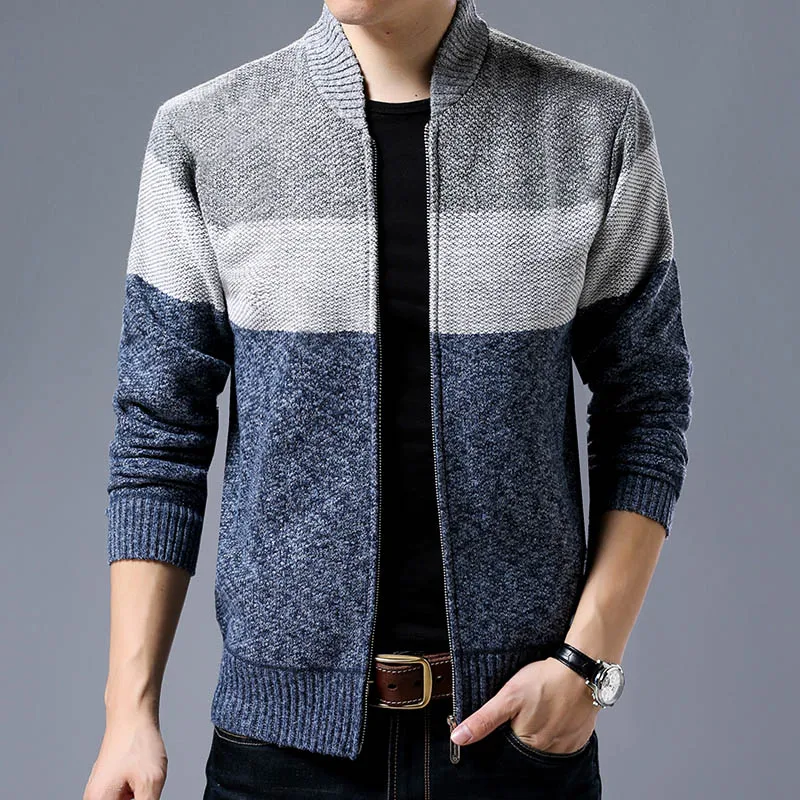 New Fashion Brand Clothing Jacket Men Casual Mandarin Collar Mens Coat Gradient knitting Zippers Mens Jackets And Coats - Цвет: Синий