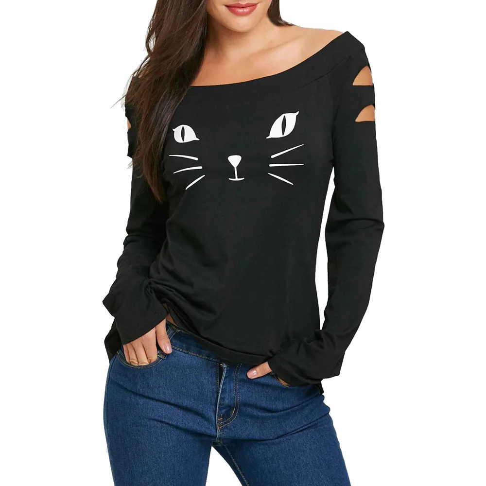 

Women Cute Cat Print Tops Cold Shoulder Long Sleeve Shirt 2018 New Fashion Hallow Out Hole Blouses Top Women #9