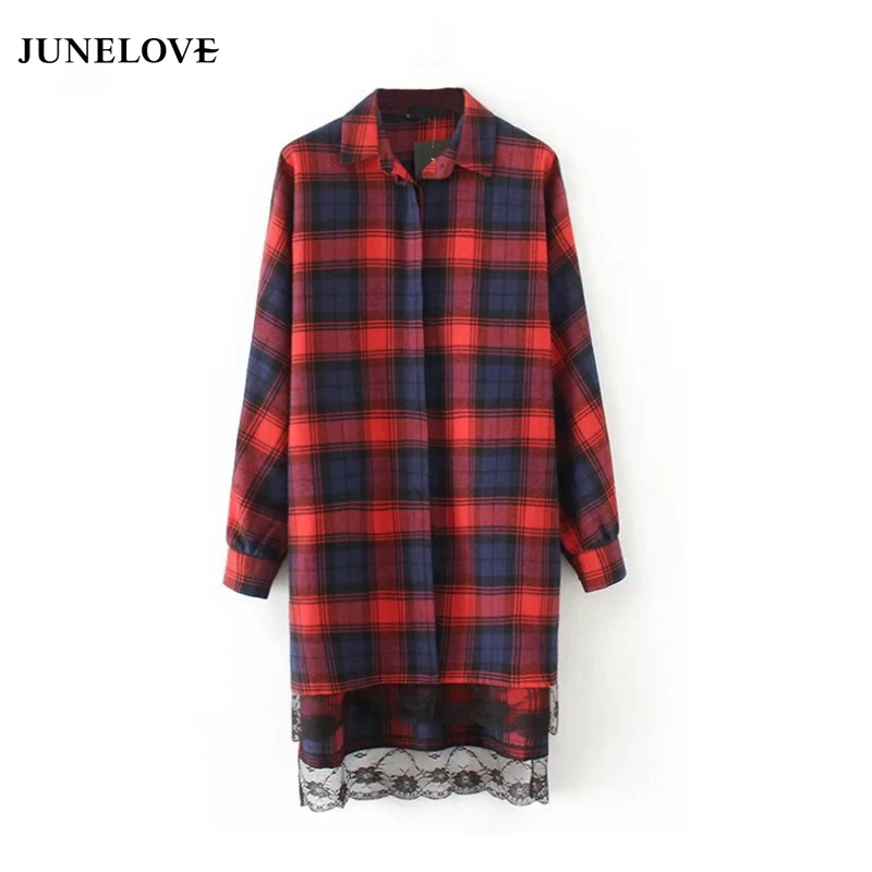 

JuneLove 2019 winter women lace tassel plaid shirt long sleeve women shirt turn down collar stitching female blouse