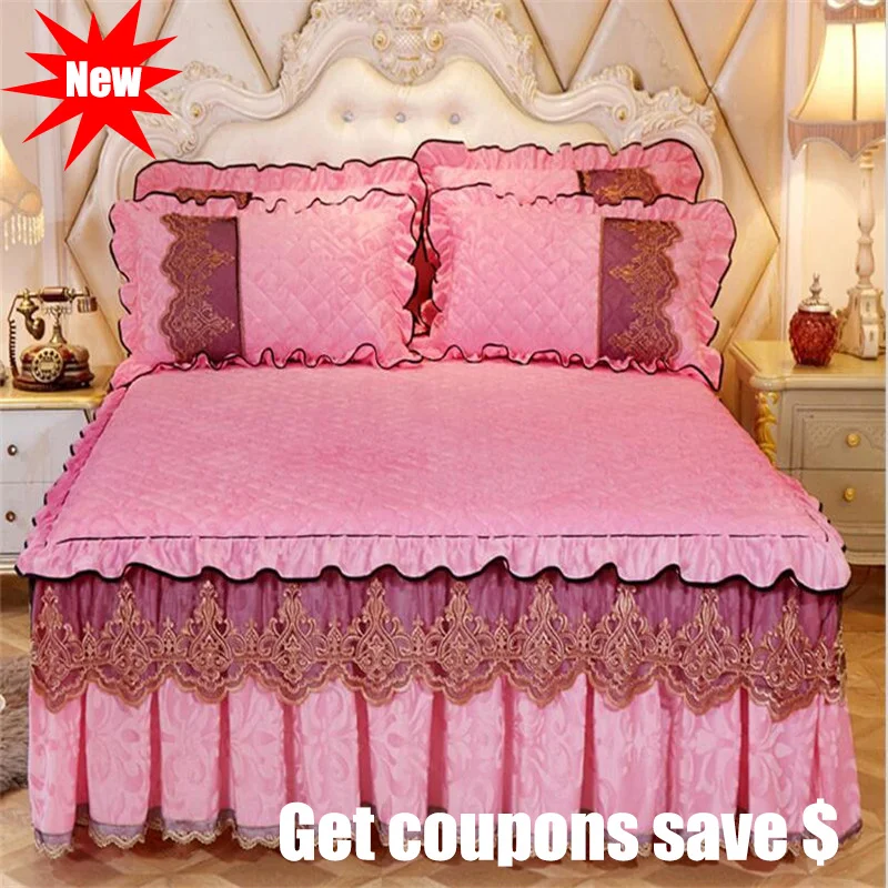

3pcs crystal velvet fabric solid color bedskirt sets lace edge bedspreads hot sale bedcover pilowcase sets quality bedding set