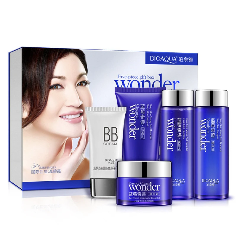 

makeup face cream Blueberry miracle cosmetic set 5 pcs Gift Moisturizer oil control shrink pore skin care set face cleanser mask