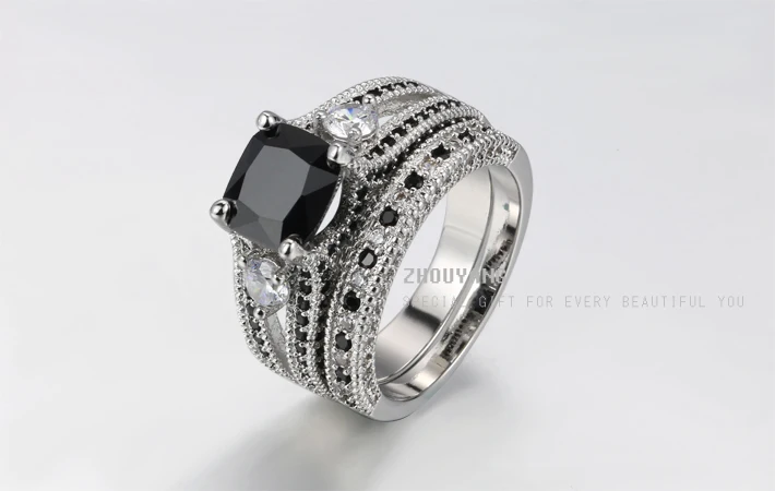 Серебряный Цвет черный квадратный камень кольцо комплект роскошные 2 круга Модные Коктейльные Вечерние кольца ювелирный бренд для Для женщин ZYR617
