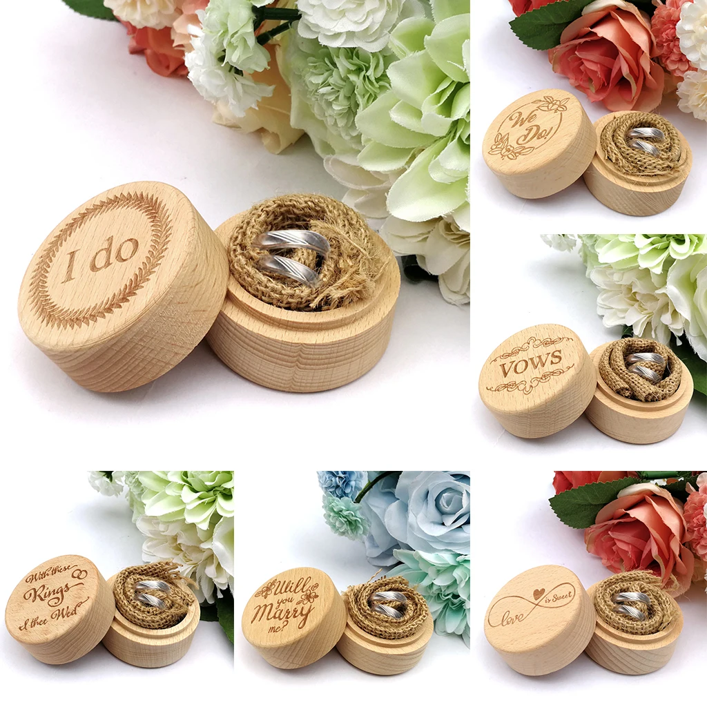 Wooden Ring Box Rustic Wedding Ring Holder Bearer with Delicate Pattern Letters for Ring Earrings Necklace Jewelry Gifts