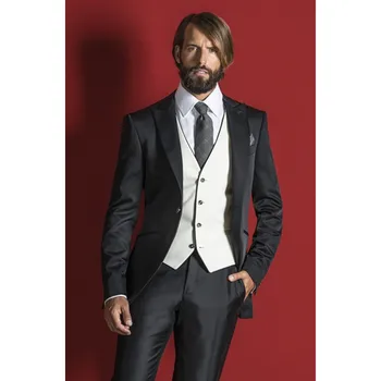 

New Design One Button Black Groom Tuxedos Peak Lapel Groomsmen Best Man Mens Wedding Suit (Jacket+Pants+Vest+Tie) W:292