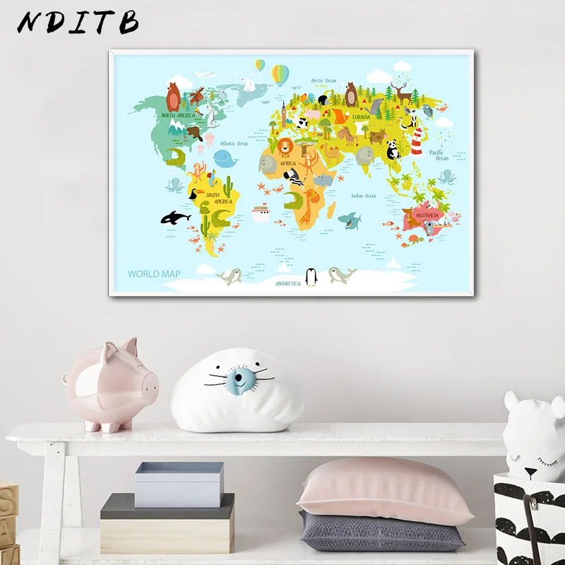 Картина из карты мира с животными на континентах детский постер настенный