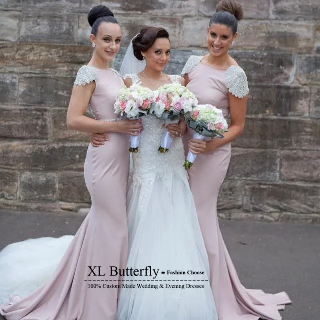 2017 New Arrive Bateau Neck Beading Cap Sleeve Sparkly Bridesmaid 2017 New Arrive Bateau Neck Beading Cap Sleeve Sparkly Bridesmaid Dresses Pink Long Elegant Mermaid Wedding