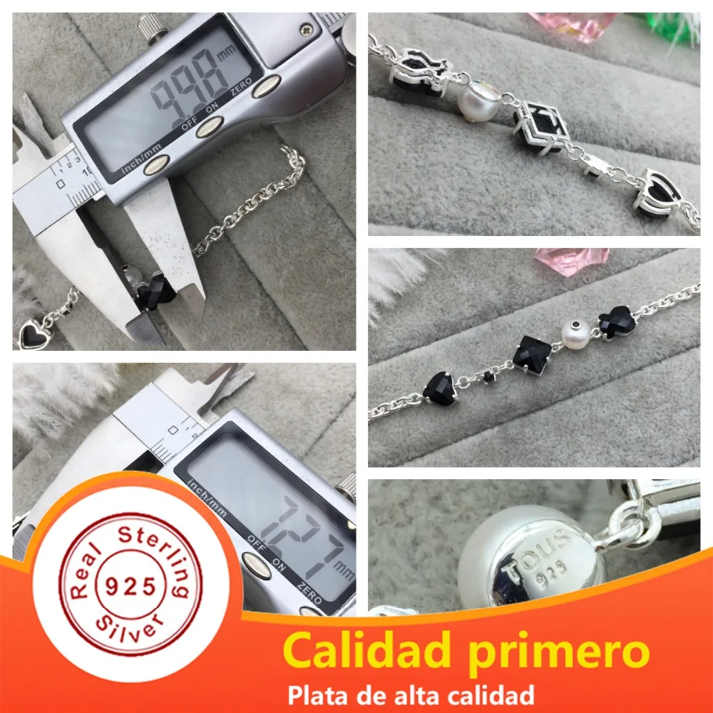 

EDELL 100% 925 Sterling Silver Pearl Black Onyx Bear Bracelet Women Fashion Charm Bracelet Original Jewelry Gift 513631520